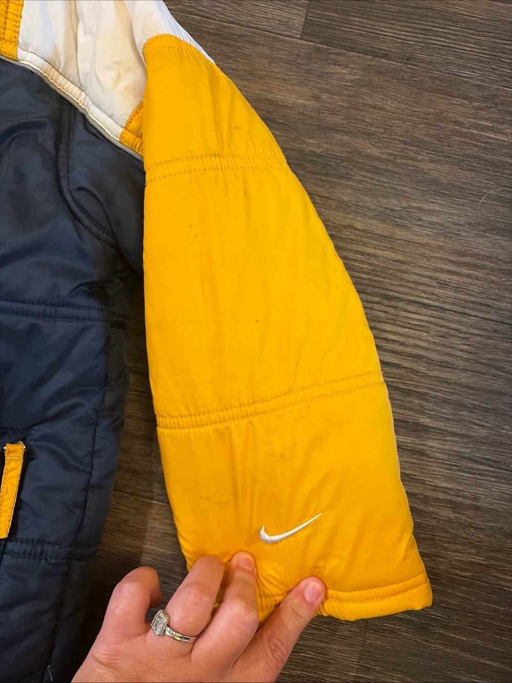 Y2K Nike Boys Winter Jacket Blue Yellow Hooded Puffy Synthetic Fill Quilted SZ 6 - Picture 4 of 8